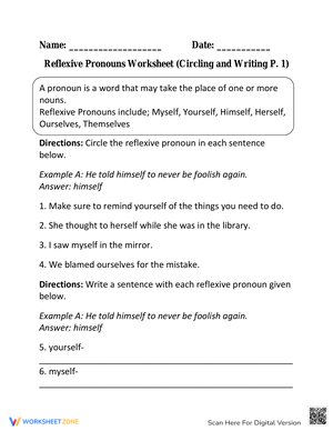 Identify Reflexive Pronouns in Sentences Worksheet