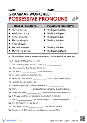 Grammar Worksheet: Possessive Pronouns Practice