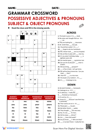 Solve Grammar Crossword: Pronouns and Adjectives
