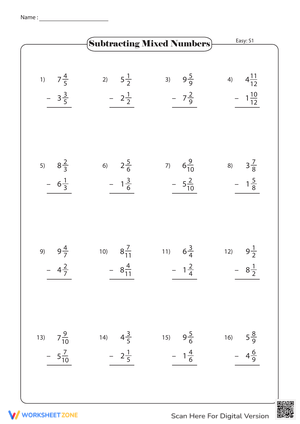 Subtracting Mixed Numbers With Like Denominators