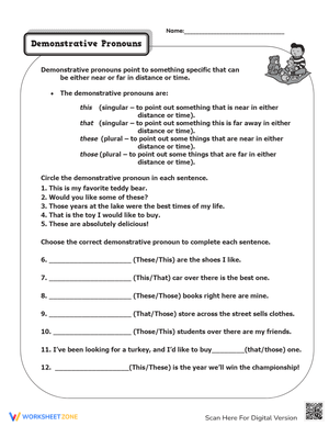 Demonstrative Pronouns Worksheet for Kids