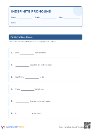 Indefinite Pronouns Worksheet | Grade 4 & 5 ELA Essential