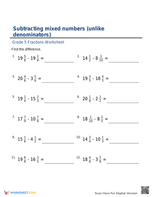 Subtract Mixed Numbers with Unlike Denominators