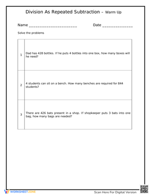 Division as Repeated Subtraction Warm-Up Sheet