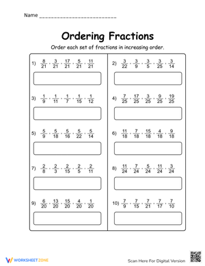 Ordering Fractions Worksheet