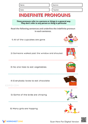 Indefinite Pronouns Worksheets for Grade 1-2