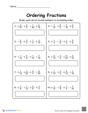 Ordering Mixed Numbers Practice Worksheet