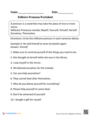 Circling Reflexive Pronouns Worksheet