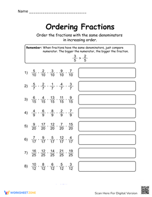 Ordering Fractions Practice Sheet