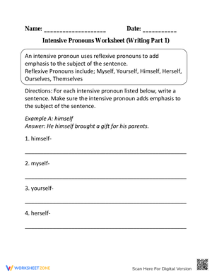 Writing Intensive Pronouns Worksheet