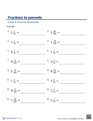Convert Fractions to Percents Worksheet