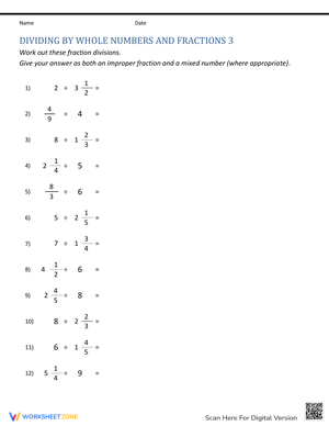 Worksheet on Dividing by Whole Numbers and Fractions
