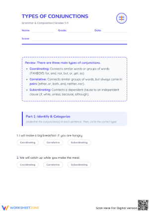 Printable Types of Conjunctions Worksheet | Grades 3-5