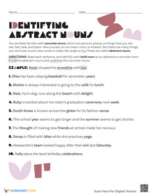 Abstract Noun Identification Practice Sheet