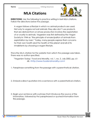 Basics of MLA Citations Worksheet