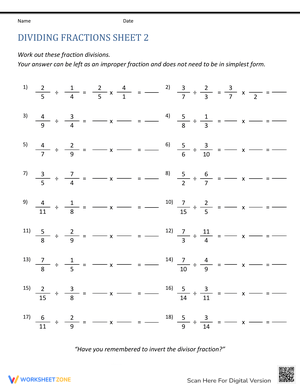 Dividing Fractions Practice Worksheet