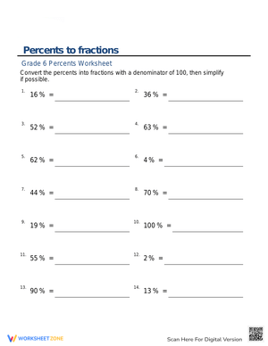Converting Percents to Fractions Practice Worksheet