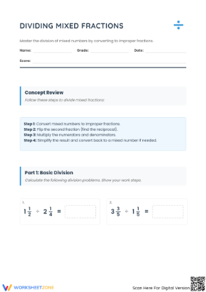 Essential Dividing Mixed Fractions Worksheet: Grade 6 Aligned
