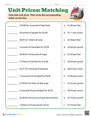 Unit Prices Matching Worksheet