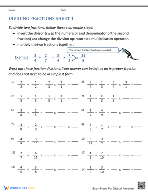Dividing Fractions Practice Worksheet with Step-by-Step Guide