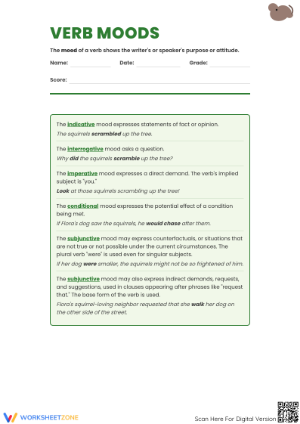 Verb Moods Worksheet | Grade 8 ELA Printable