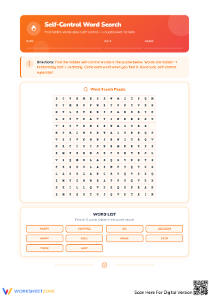Self-Control Word Search Puzzle for Kids