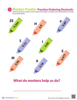 Ordering Decimals Marker Puzzle Worksheet