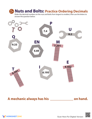 Nuts and Bolts Ordering Decimals Worksheet
