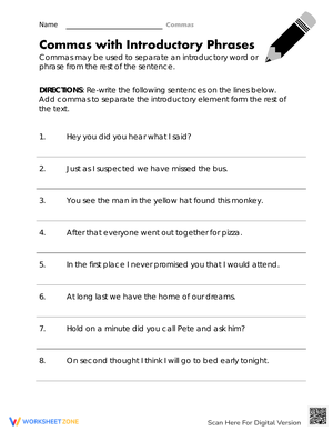 Mastery with Introductory Phrases Grammar Worksheet