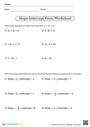 Slope-Intercept Form Worksheet for Algebra Practice