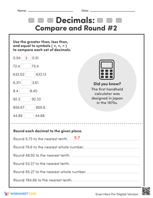 Comparing and Rounding Decimals Worksheet
