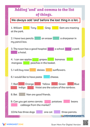 Using 'And' and Commas Worksheet