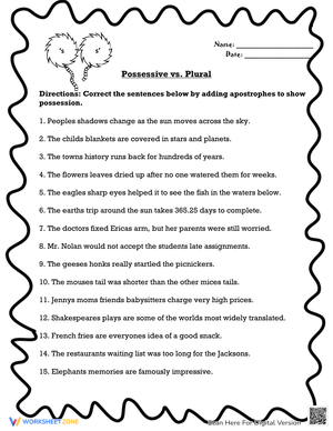 Plural vs. Possessive Apostrophe Worksheet