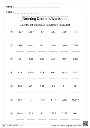 Worksheet for Decimal Ordering Exercises