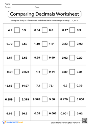 Comparing Decimals Practice Worksheet