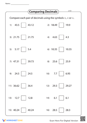 Comparing Decimals to Hundredths Practice