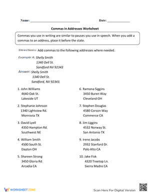 Commas in Addresses Worksheet