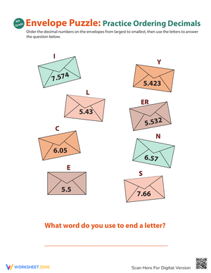 Envelope Puzzle Ordering Decimals Worksheet