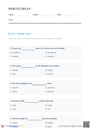 Participles Worksheet | Grade 8 English Printable