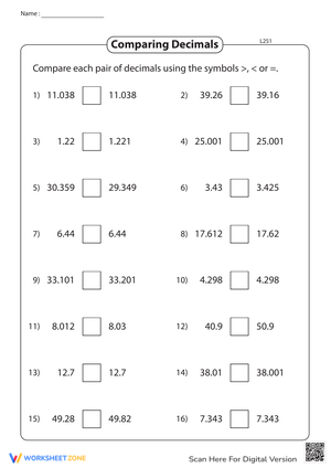 Comparing Decimals Practice Worksheet