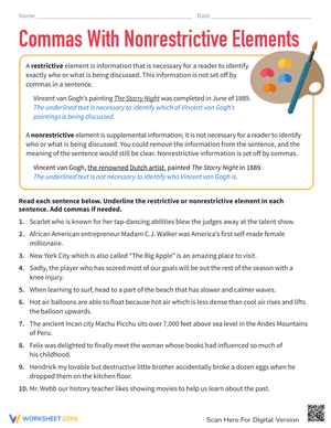 Commas with Nonrestrictive Elements Worksheet