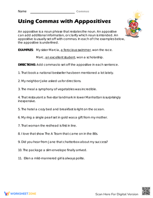 Commas Use with Appositives Worksheet