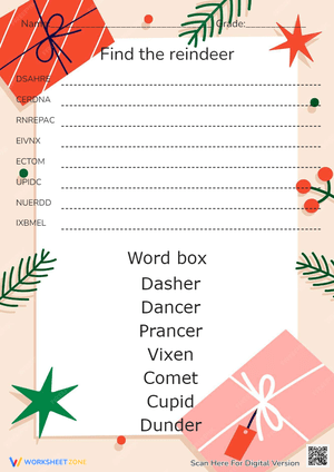 Santa's Reindeer Word Scramble - Christmas Vocabulary Fun!
