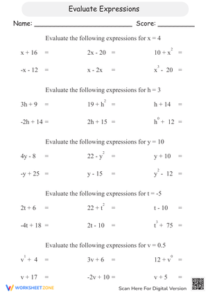 Evaluate Expressions Worksheet (Single-Variable Practice)