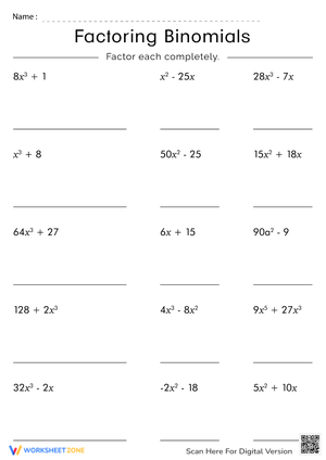 Factoring Binomials Practice Worksheet