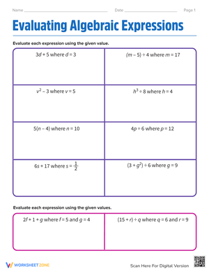 Algebraic Expression Evaluation Practice Sheet