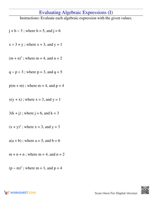 Math Worksheet: Evaluating Expressions
