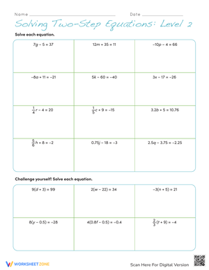Solving Two-Step Equations: Level 2 Practice