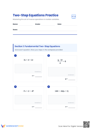 Printable Two-Step Equations Practice | Grade 7-8 Math