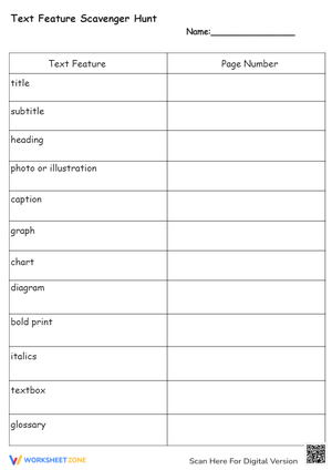 Text Feature Scavenger Hunt - Reading Comprehension Activity